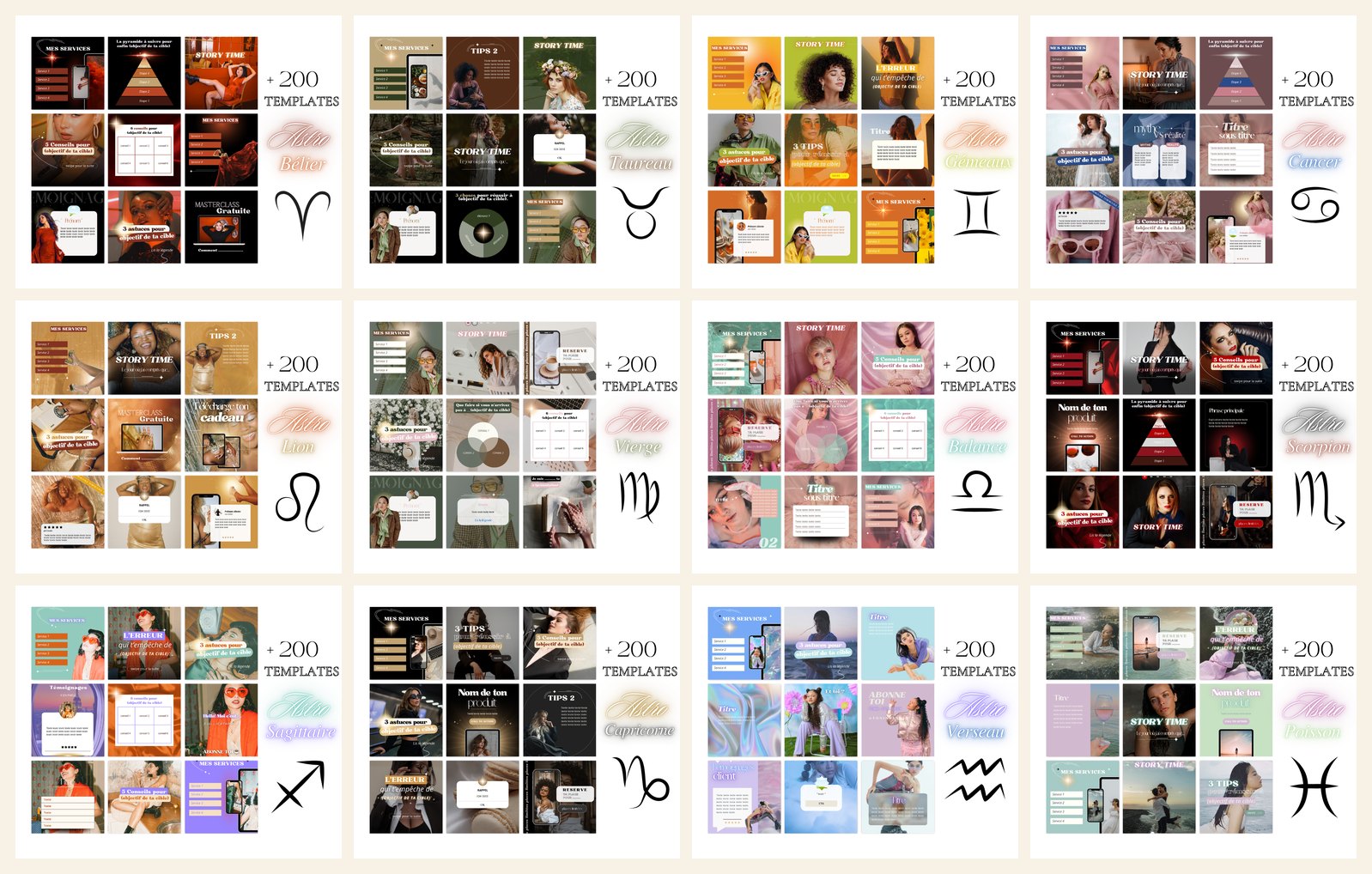 Les 12 signes du zodiaque, chacun avec sa collection de +200 templates