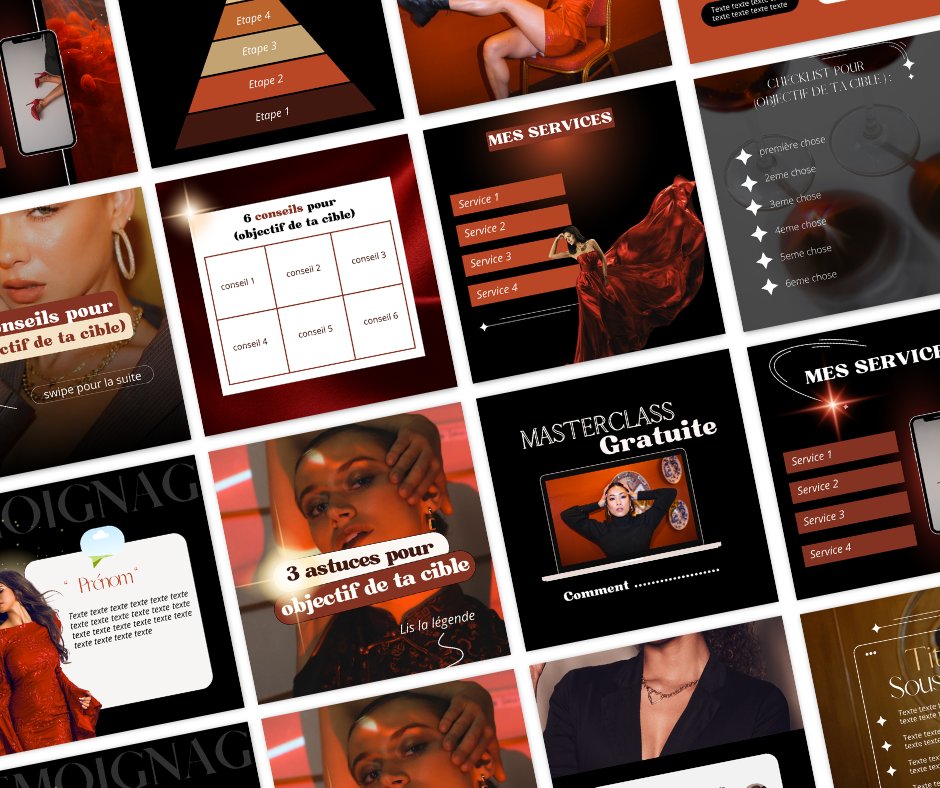 Variété des templates : posts, stories, carrousels, services, checklists…
